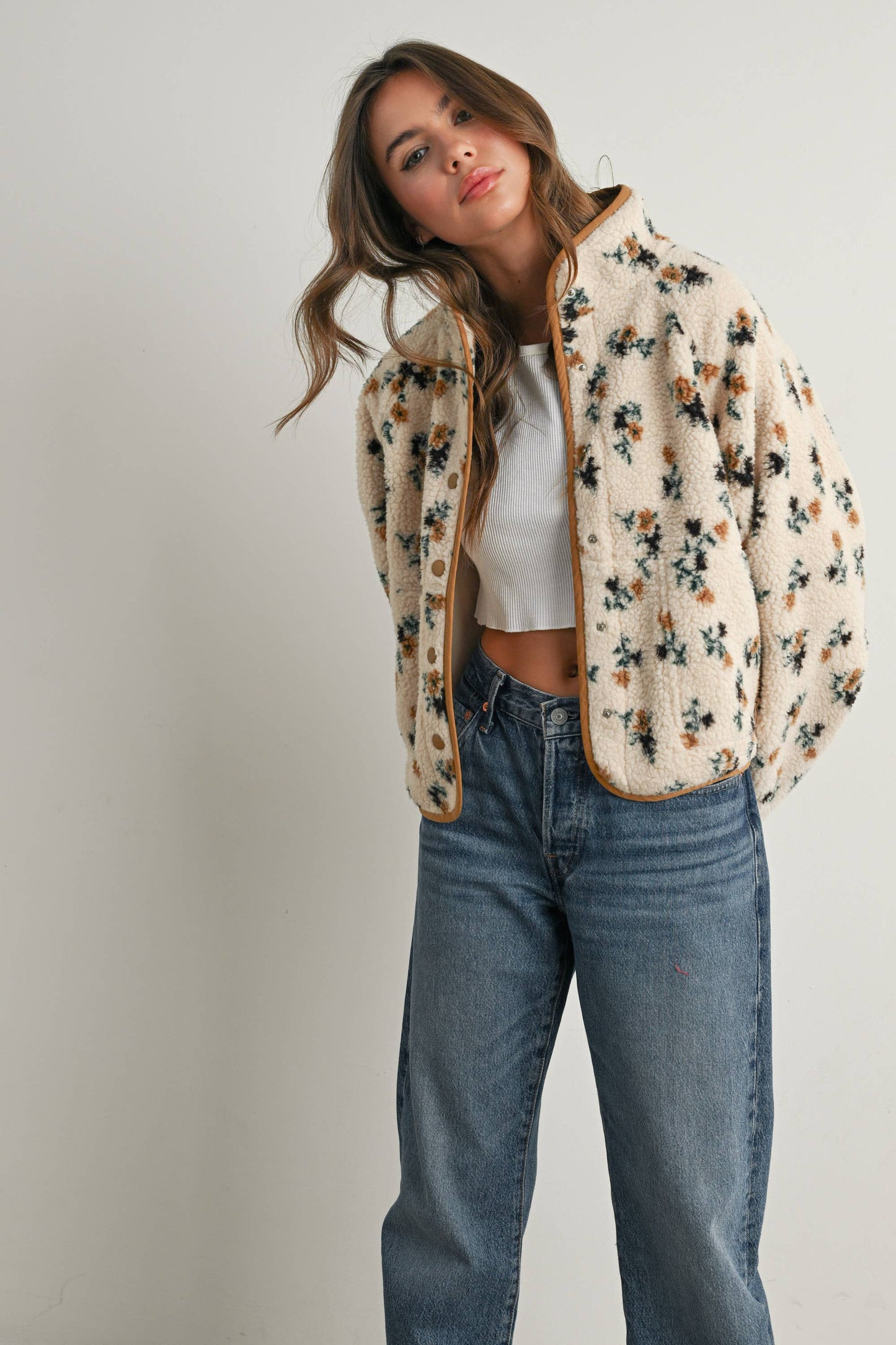Floral Print Fluffy Fleece Jacket\