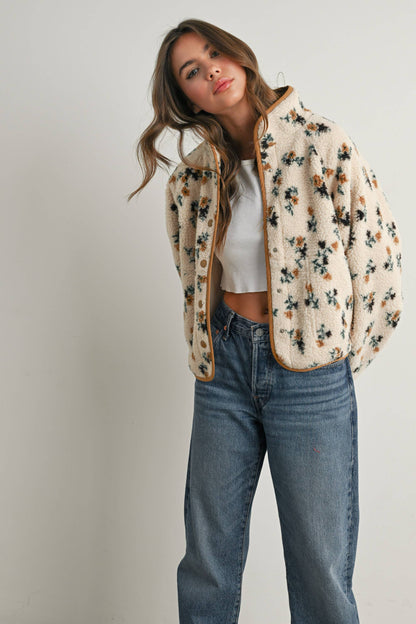 Floral Print Fluffy Fleece Jacket\