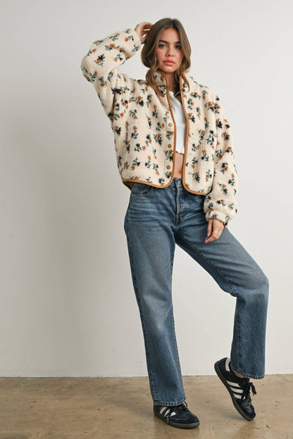 Floral Print Fluffy Fleece Jacket\