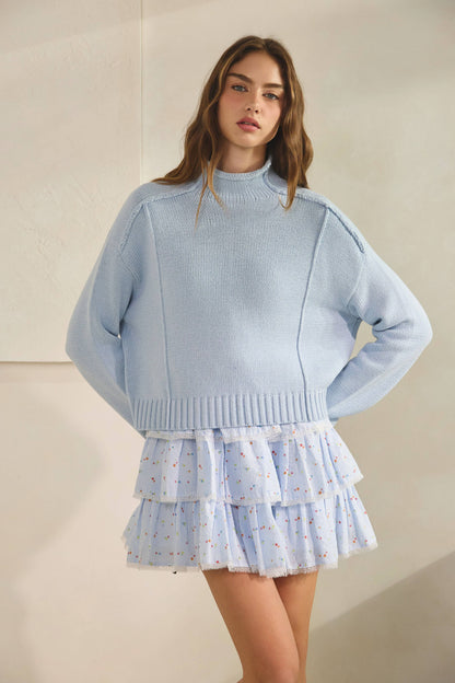 Mock Neck Cotton Blend Seam Sweater in CHOCO
