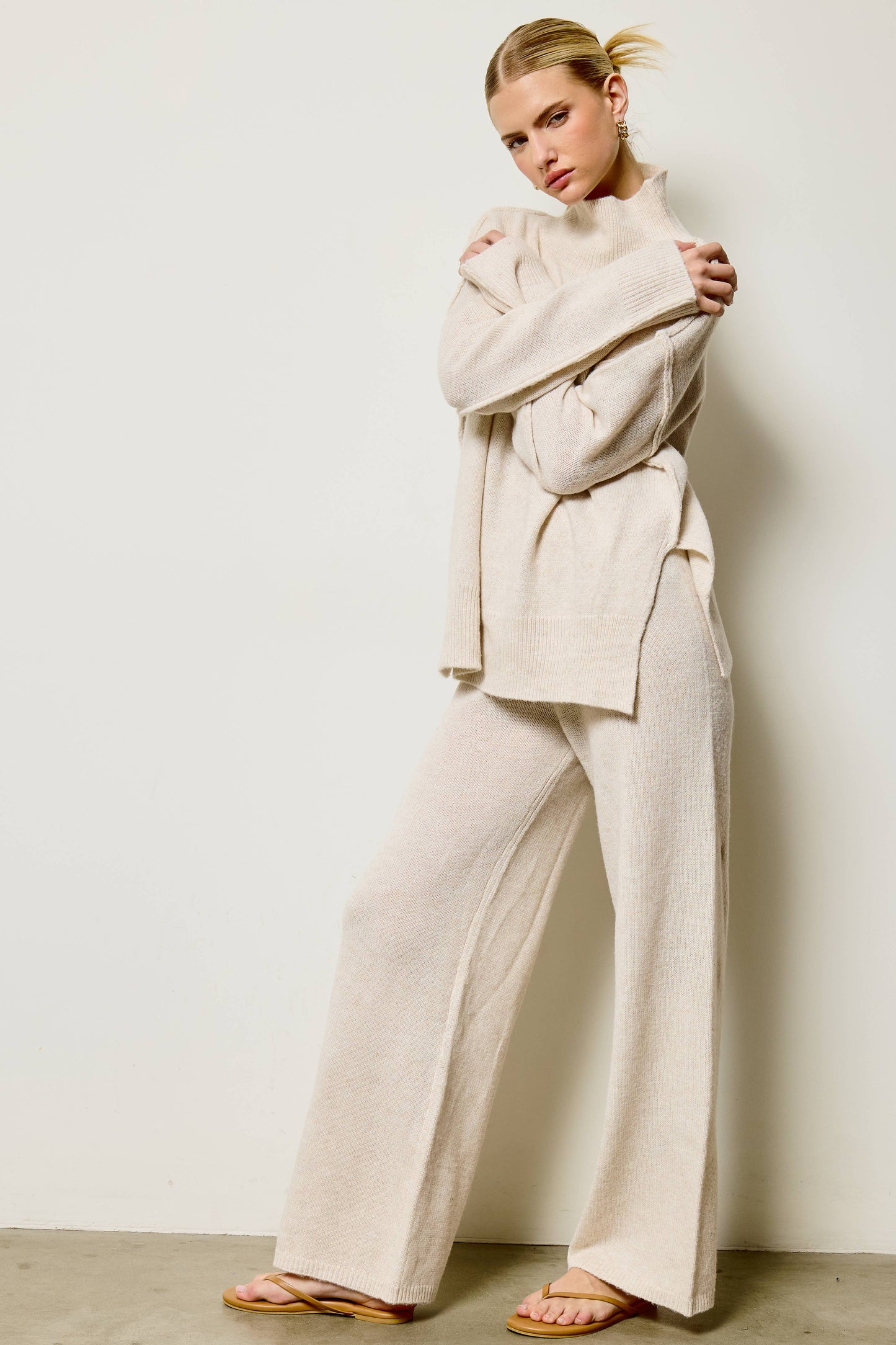 Mock Neck Side Slit Knit Sweater and Pants Set