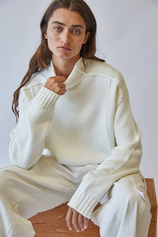 Mock Neck Cotton Blend Seam Sweater in CHOCO