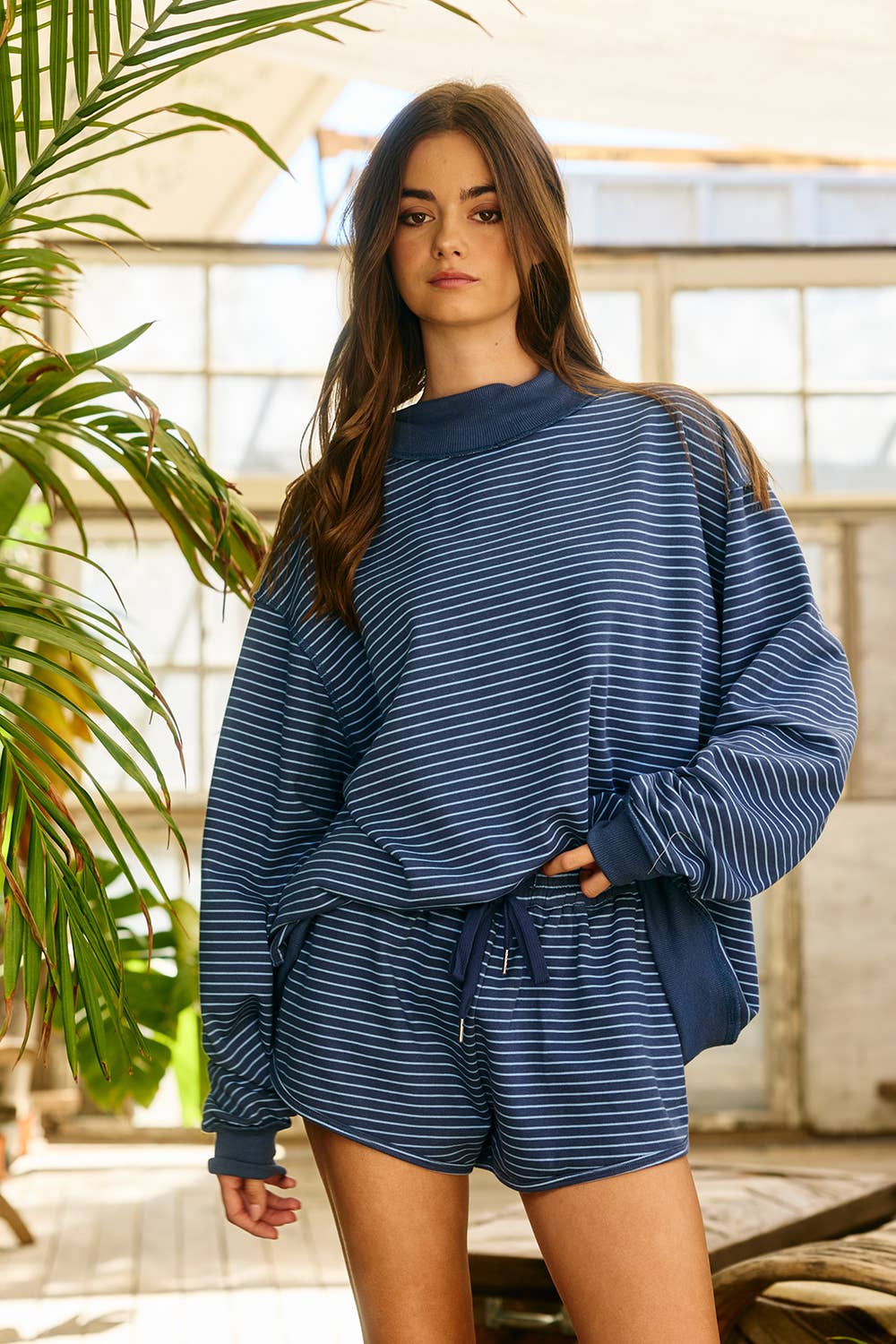 Stripe Print Mock Neck Oversized Sweatshirt