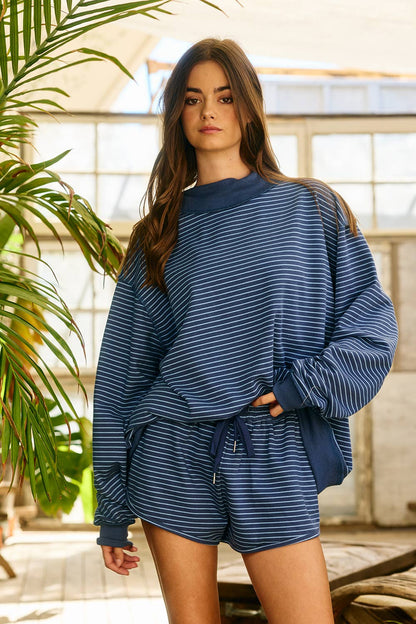 Stripe Print Mock Neck Oversized Sweatshirt