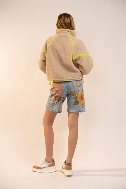 Half Zip High Neck Contrast Seam Fleece Pullover