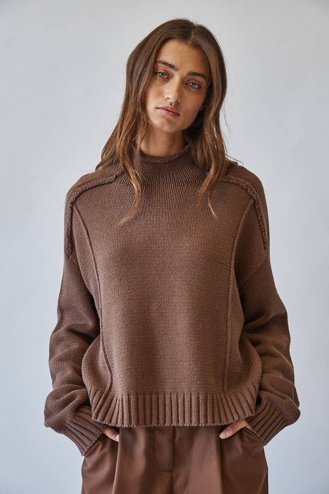 Mock Neck Cotton Blend Seam Sweater in CHOCO