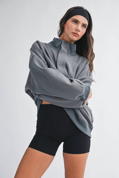 Oversized Snap Neck Pullover Sweatshirt