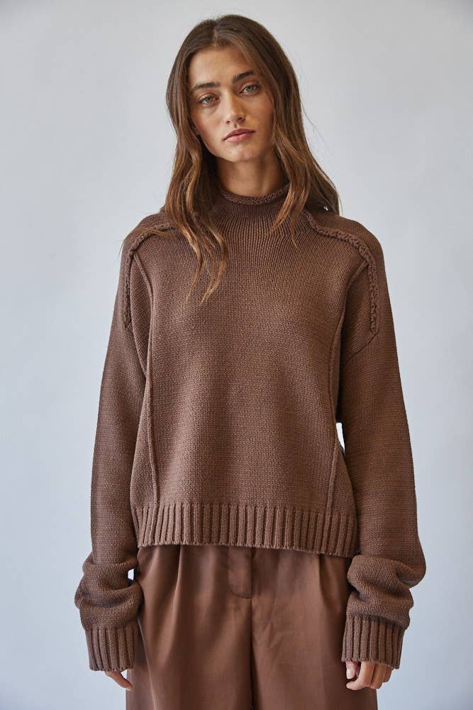 Mock Neck Cotton Blend Seam Sweater in CHOCO
