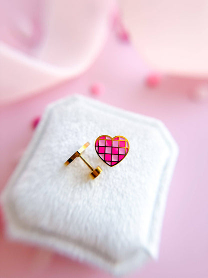 Pink Checkered Hearts Stud Earrings