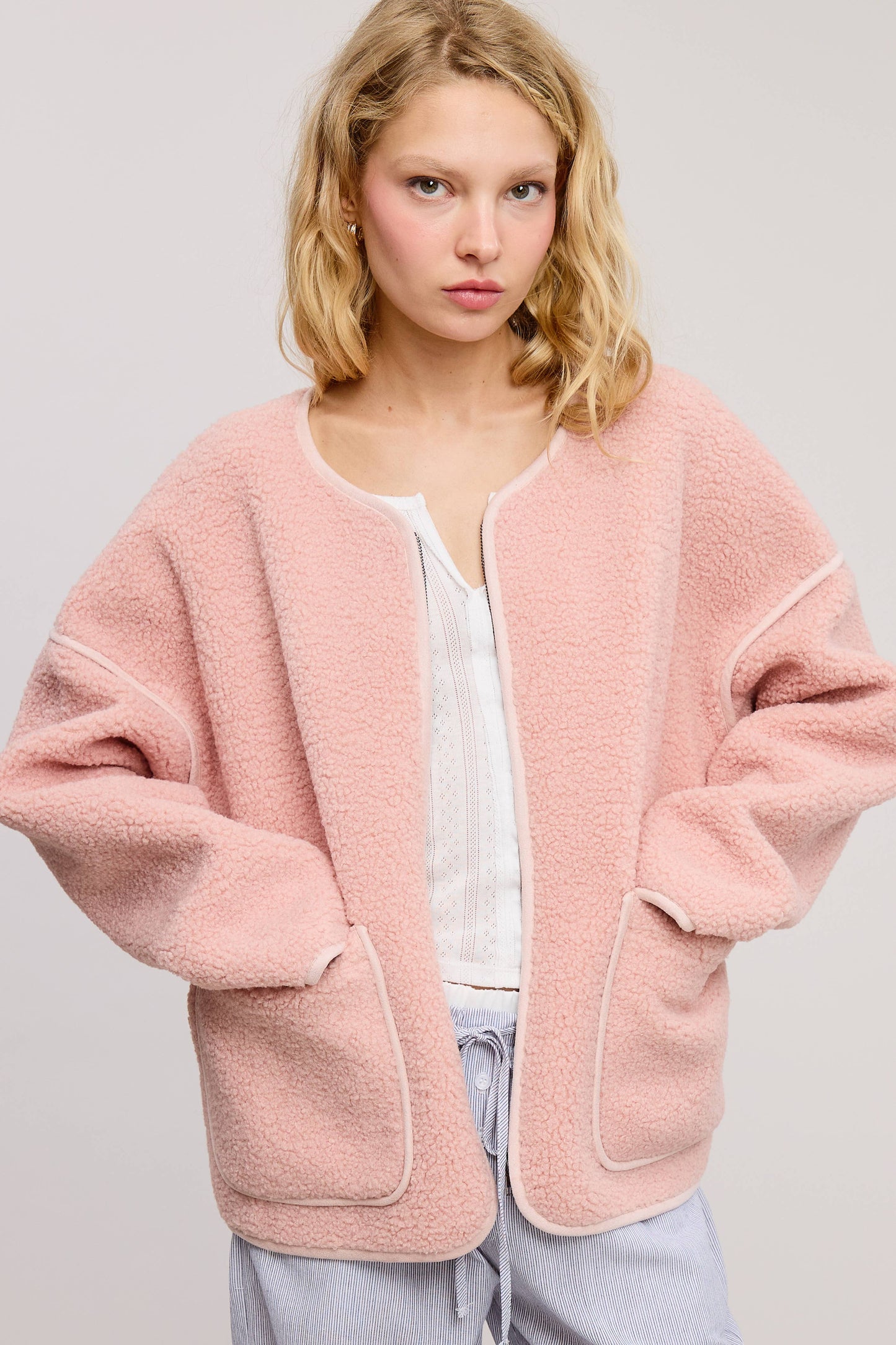 Front Zip-Up Closure Shaggy Sherpa Knit Jacket