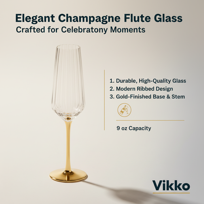 2 Pack Vikko - Decor, Elegant, Champagne Flute Glass, Gold, 9 oz