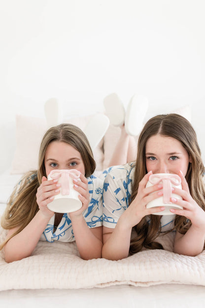 Powder Blue Bow Ceramic Coffee Tea Mug with Ribbon Handle