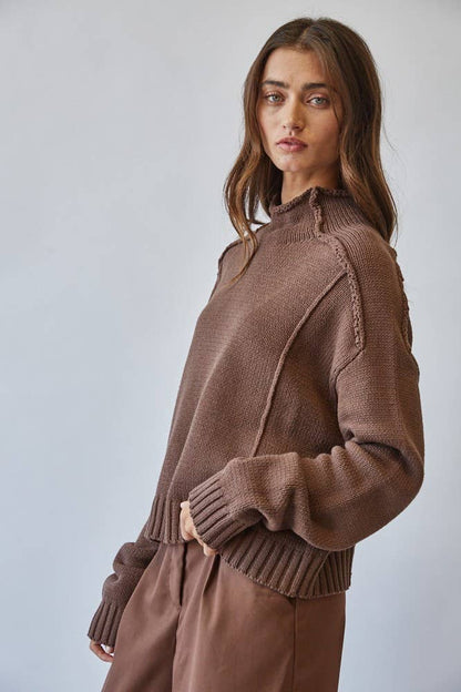 Mock Neck Cotton Blend Seam Sweater in CHOCO