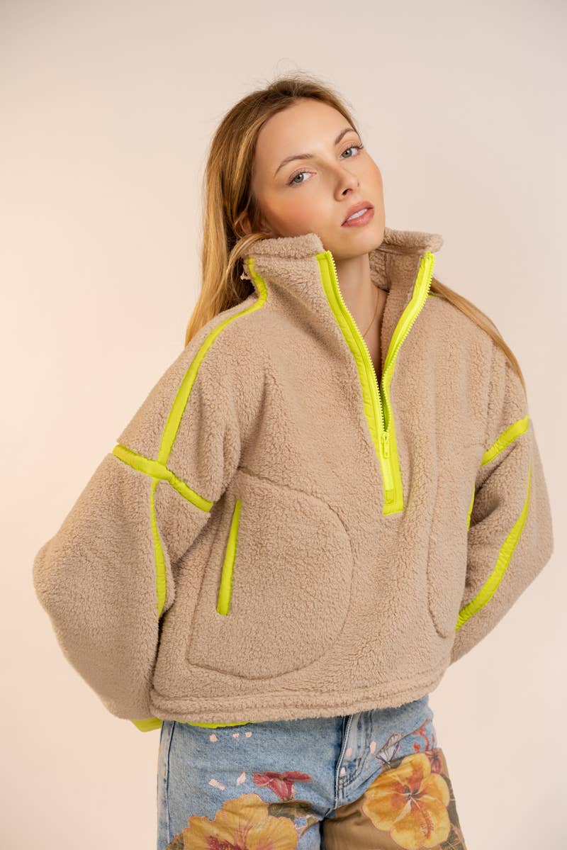 Half Zip High Neck Contrast Seam Fleece Pullover