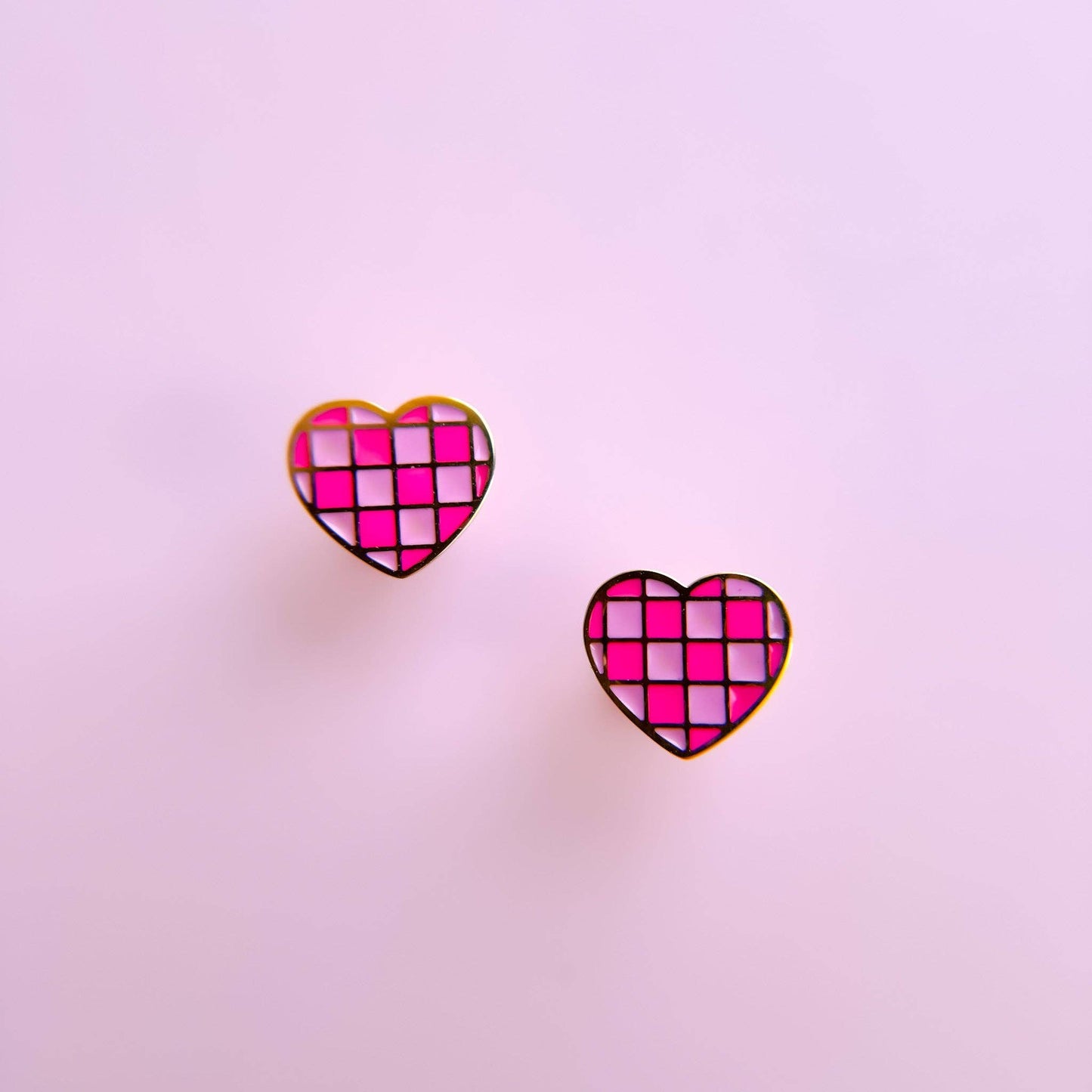 Pink Checkered Hearts Stud Earrings