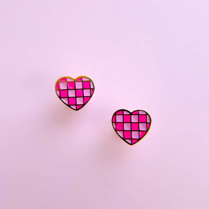 Pink Checkered Hearts Stud Earrings