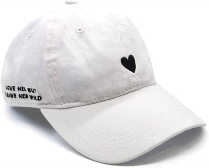 White Cotton Dad Hat - Embroidered Heart Cap