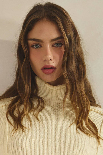 Mock Neck Cotton Blend Seam Sweater in CHOCO