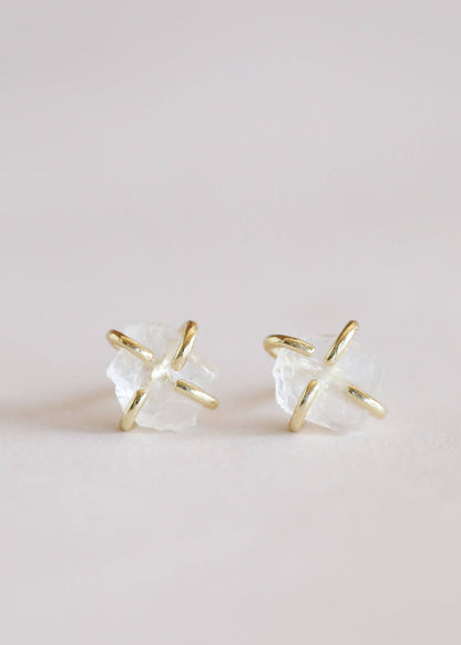 Gemstone Prong - Clear Quartz - Gold Earrings