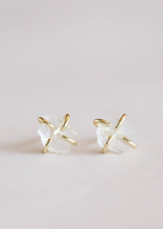 Gemstone Prong - Clear Quartz - Gold Earrings