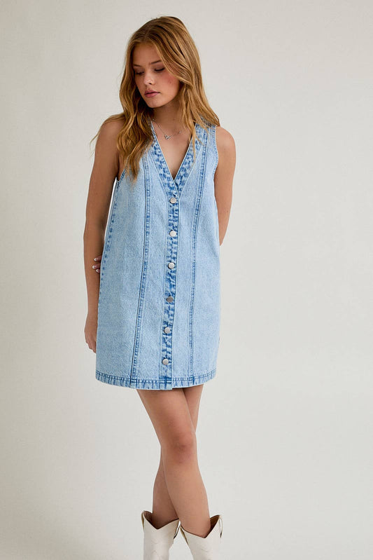 SLEEVELESS V-NECK BUTTON DOWN DENIM MINI DRESS