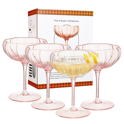 Pink Flower Coupe Cocktail Colored Glasses | 2 Set, 7.7 OZ