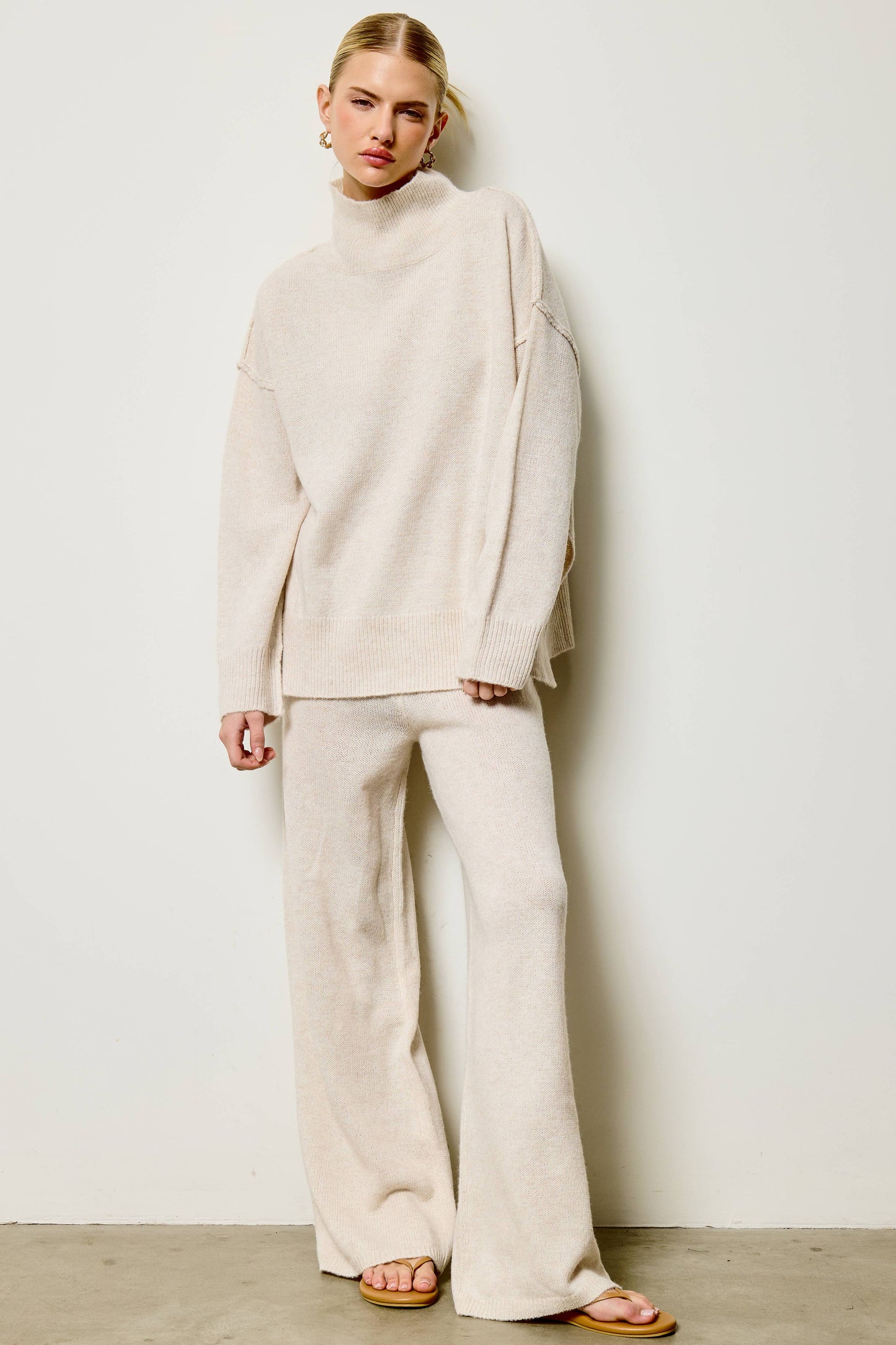 Mock Neck Side Slit Knit Sweater and Pants Set
