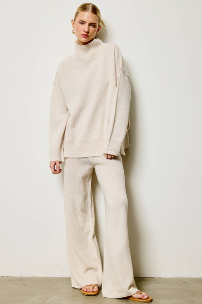 Mock Neck Side Slit Knit Sweater and Pants Set