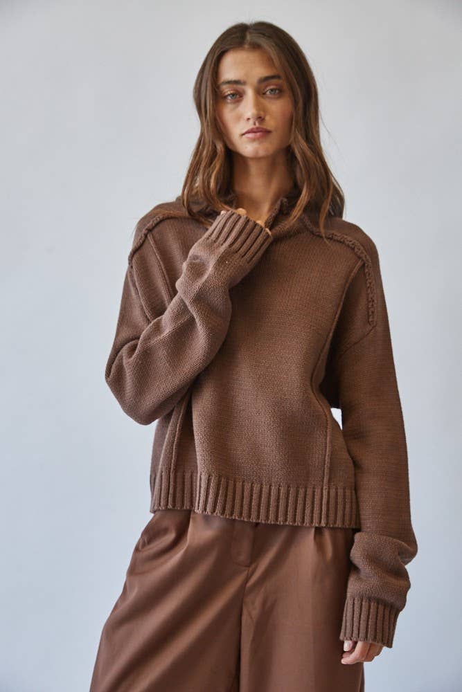 Mock Neck Cotton Blend Seam Sweater in CHOCO