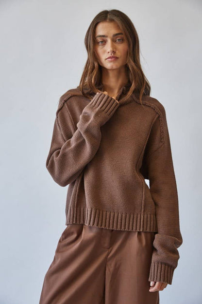 Mock Neck Cotton Blend Seam Sweater in CHOCO